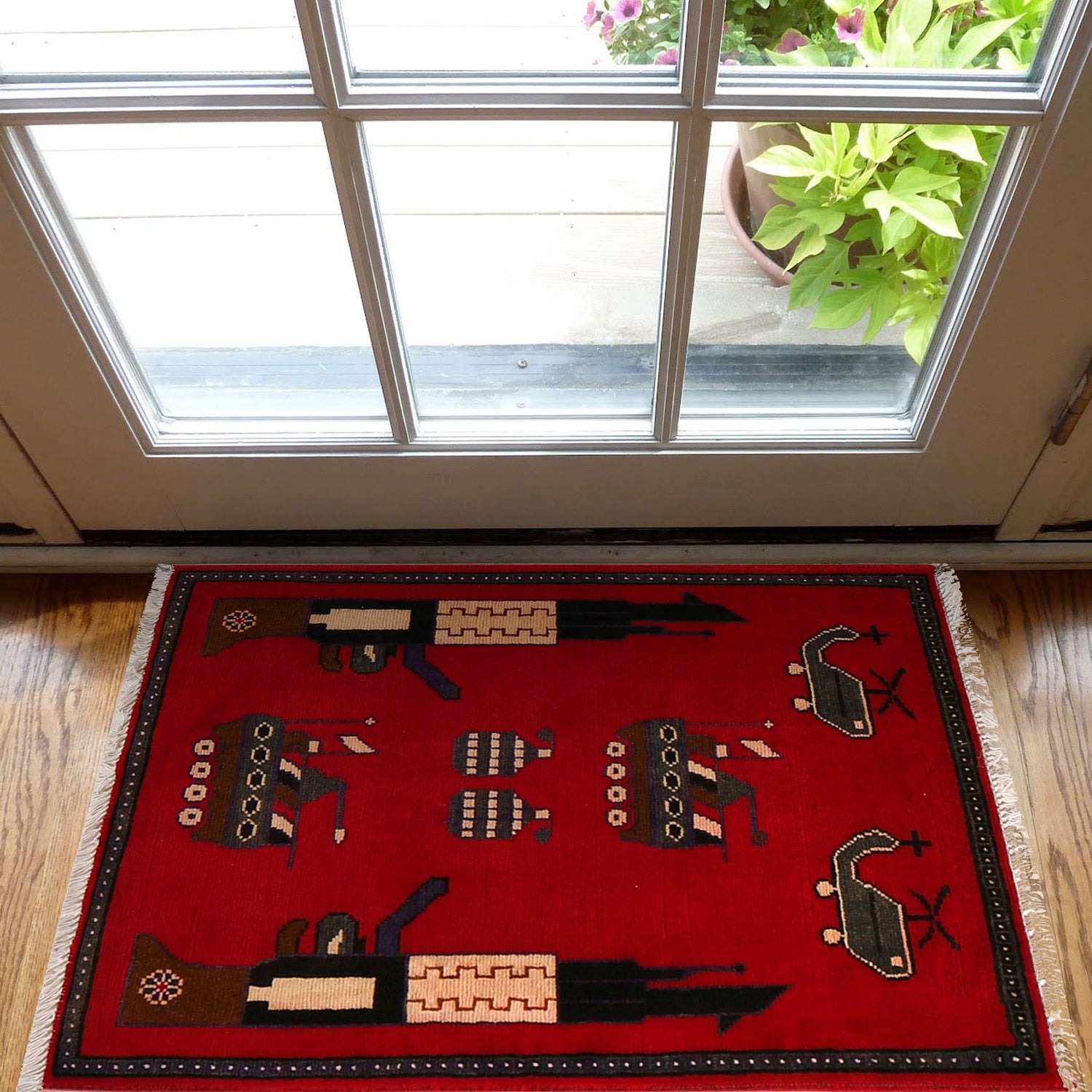 War Area Rug Handmade Red Rifle 2 x 3 ft
