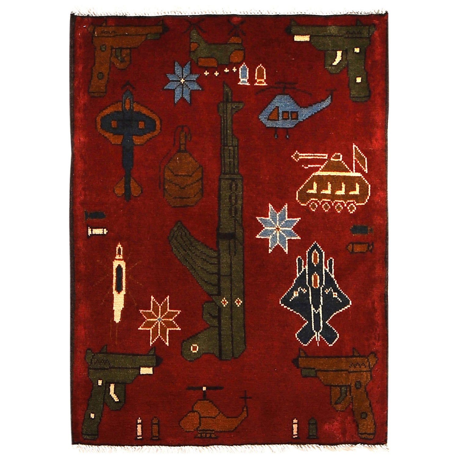 War Area Rug Handmade Red Rifle 2 x 3 ft