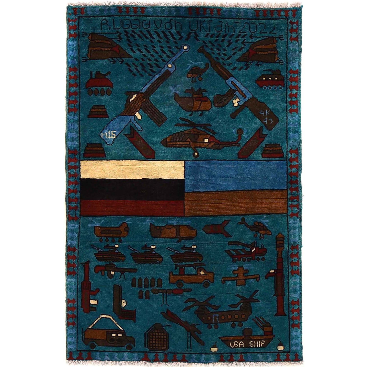 War Area Rug Handmade Blue Riffle + Tank 2x4 ft