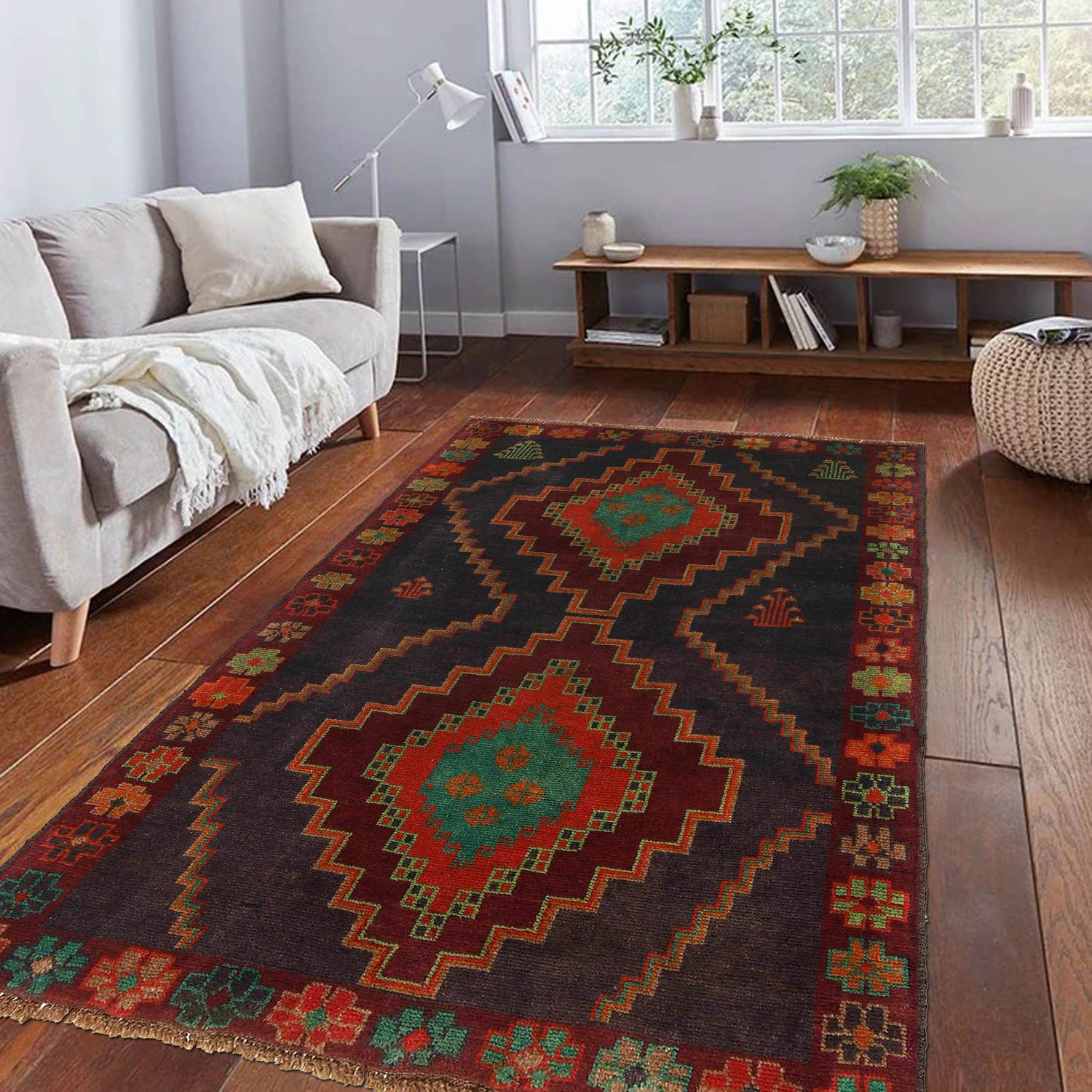 Baluchi Rug Handmade Black Geometric 4x6 ft