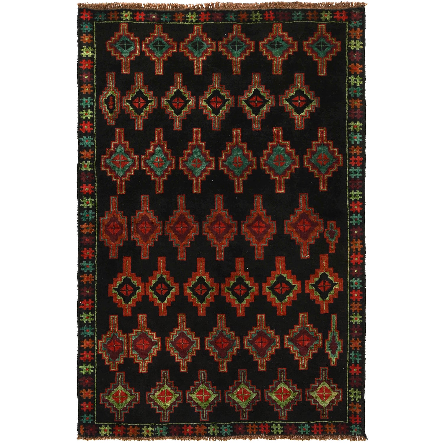 Baluchi Rug Handmade Black Floral 4x6 ft