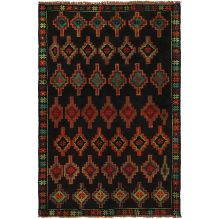 Baluchi Rug Handmade Black Floral 4x6 ft
