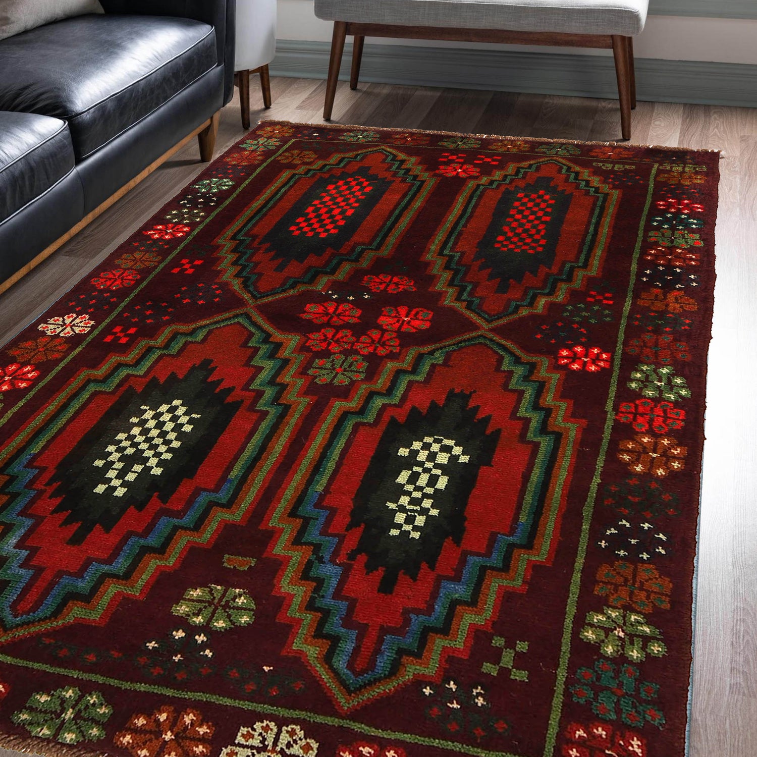 Baluchi Rug Handmade Brown Floral 4x6 ft