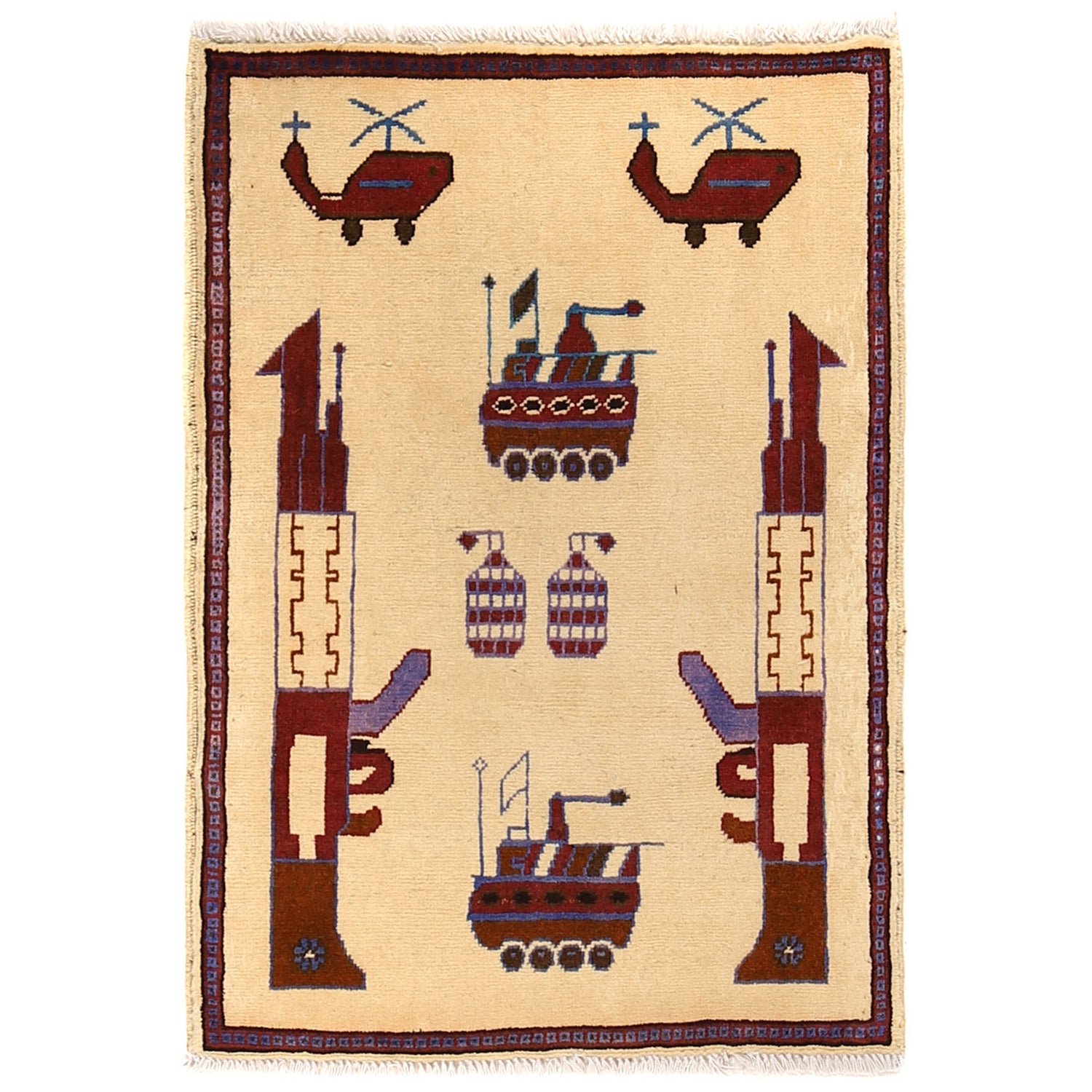 War Area Rug Handmade Ivory Rifle + Helicopter 2 x 3 ft