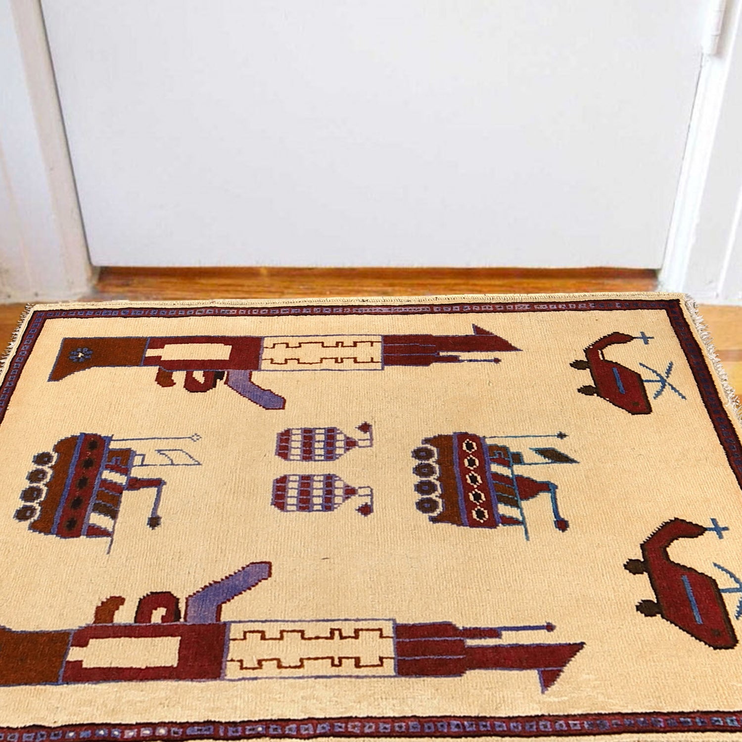 War Area Rug Handmade Ivory Rifle + Helicopter 2 x 3 ft