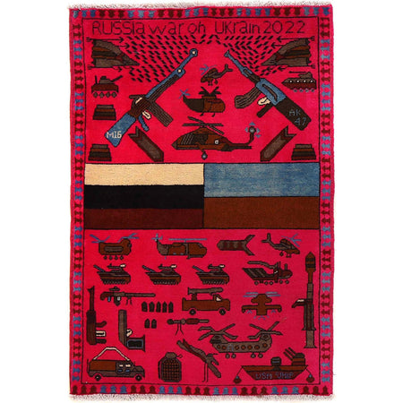 War Area Rug Handmade Pink Riffle + Tank 2x4 ft