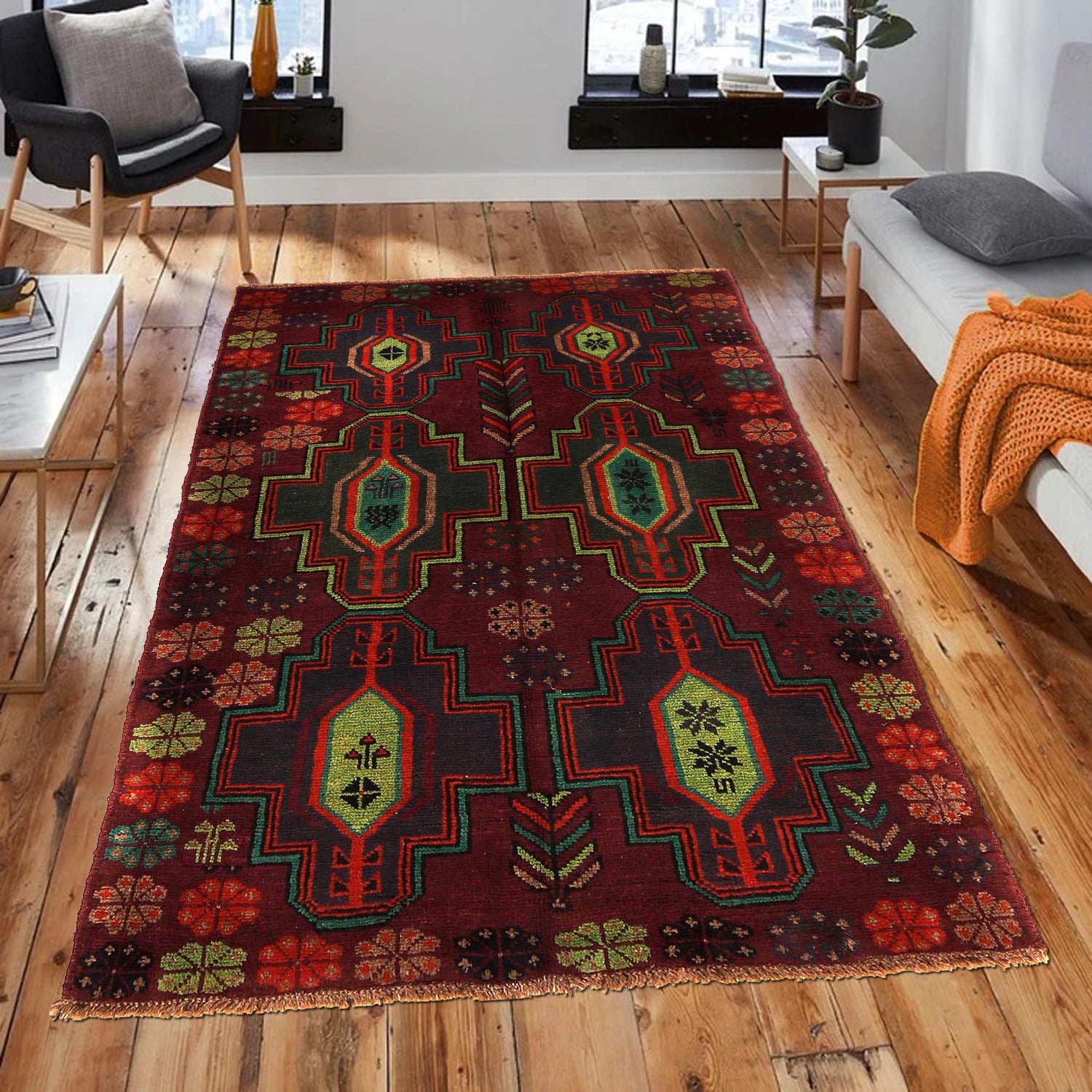 Baluchi Rug Handmade Brown Floral 4x6 ft