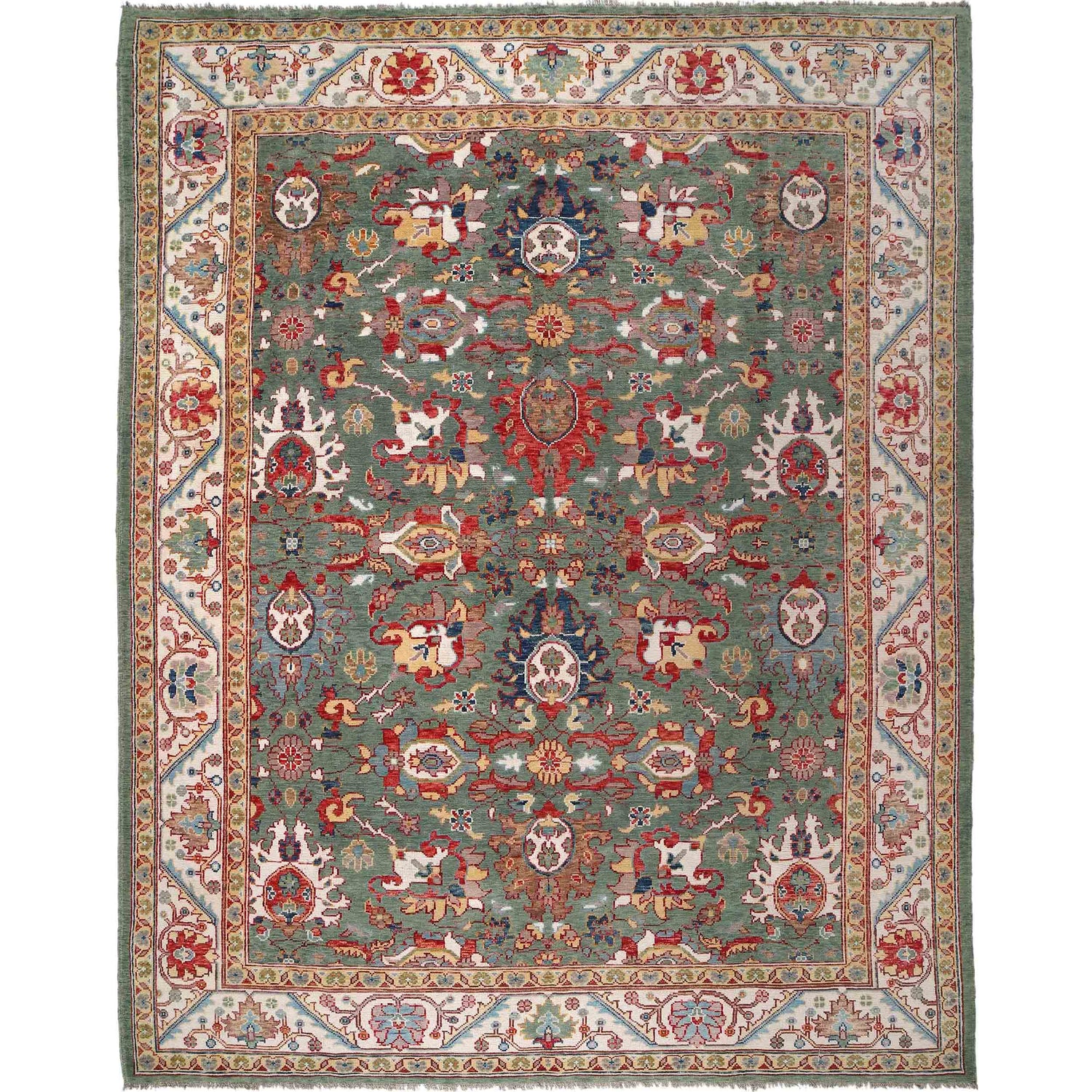 Oushak Area Rug Handmade Sage Green Floral 9x12 ft