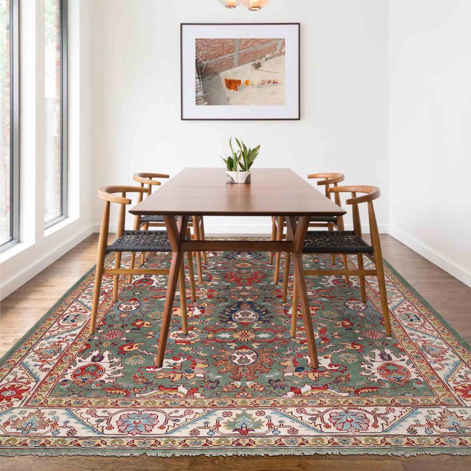 Oushak Area Rug Handmade Sage Green Floral 9x12 ft