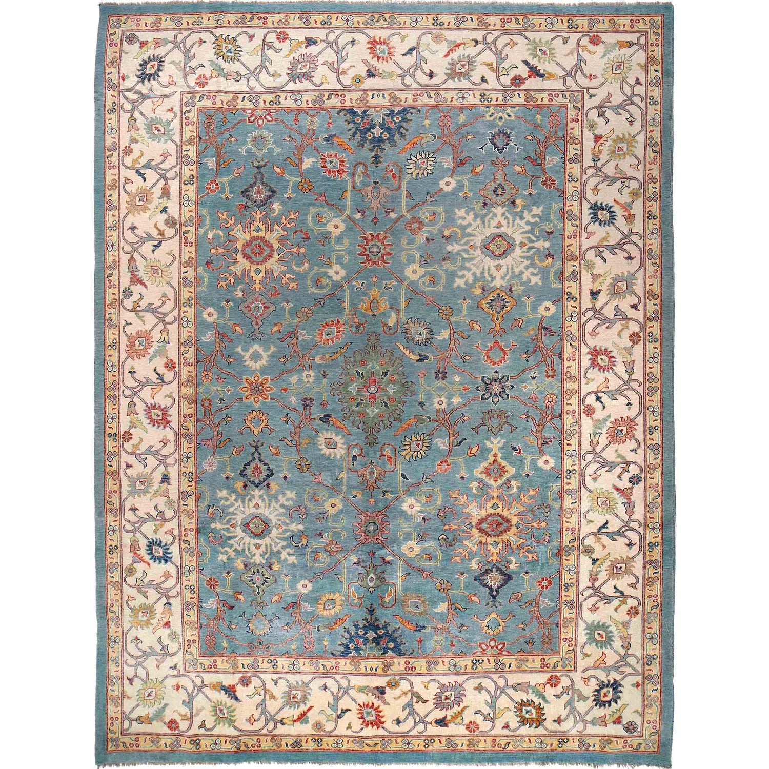 Oushak Area Rug Handmade Aqua Blue Floral 10x13 ft