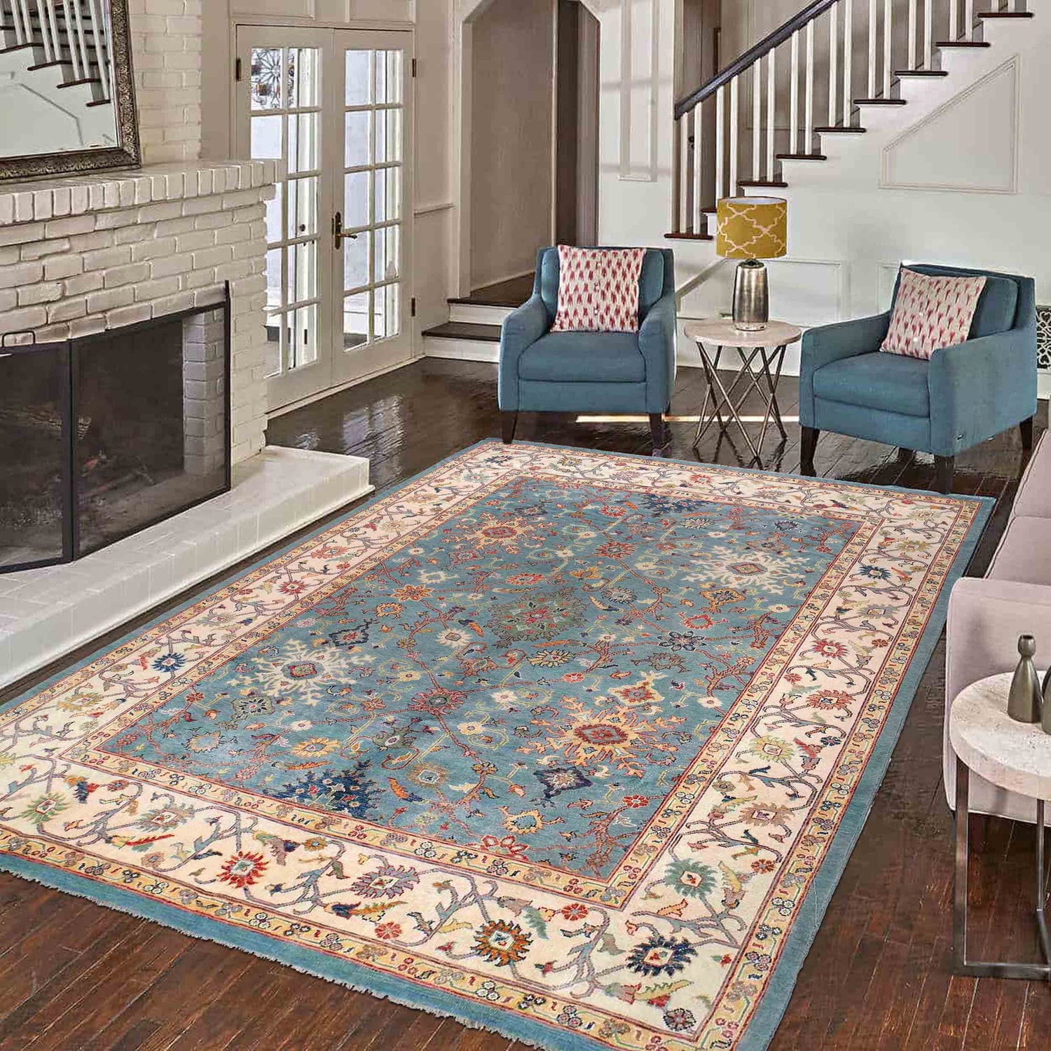 Oushak Area Rug Handmade Aqua Blue Floral 10x13 ft