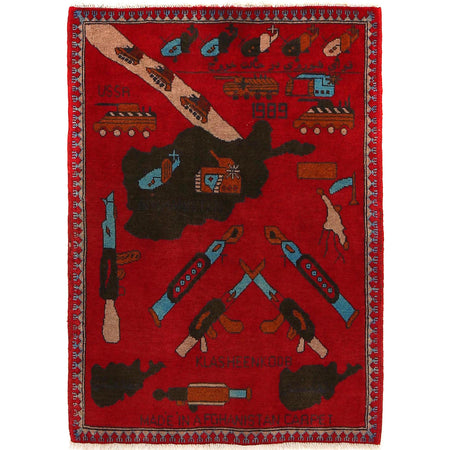 War Area Rug Handmade Red Riffle + Map 2x4 ft