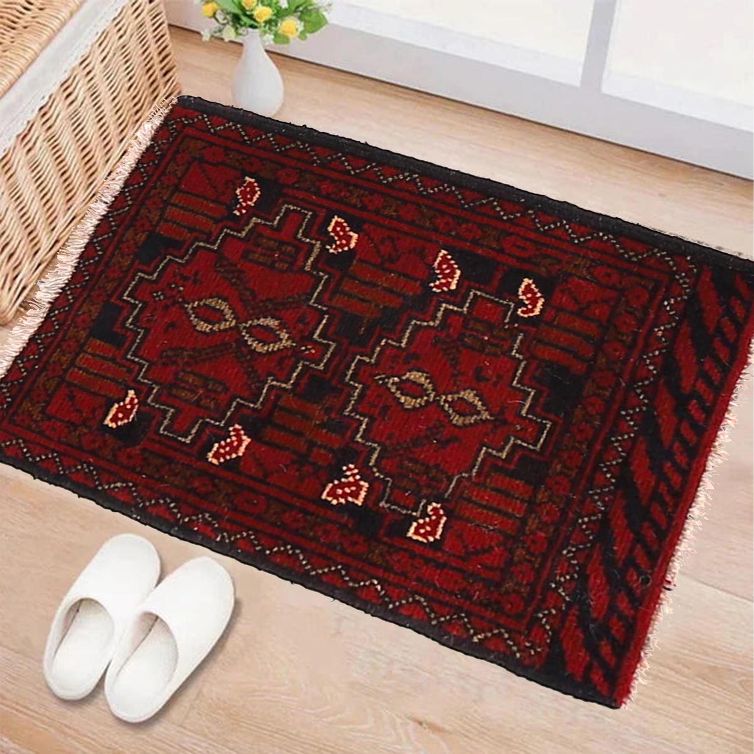 Handmade Wool Doormat Red Floral