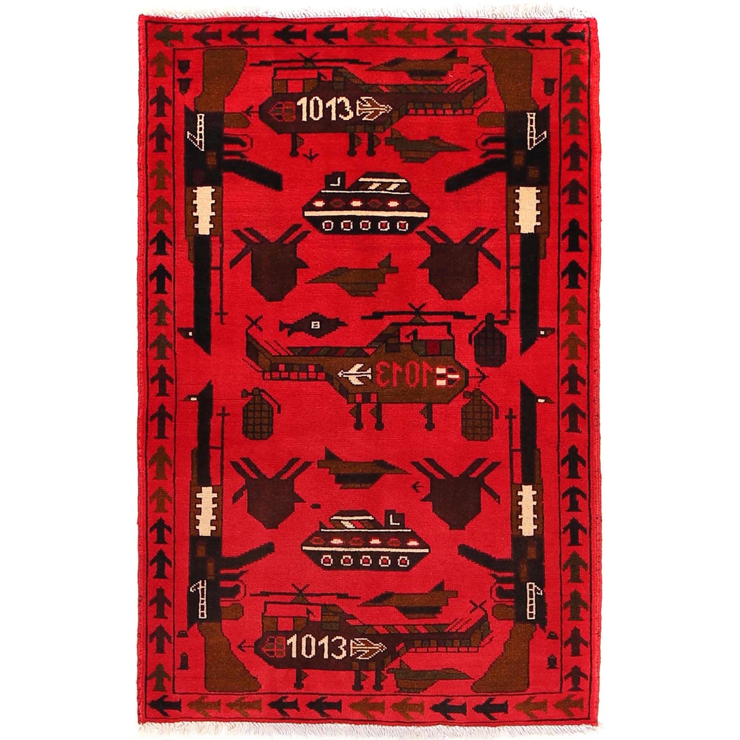 War Area Rug Handmade Pink Riffle + Tank 2x4 ft