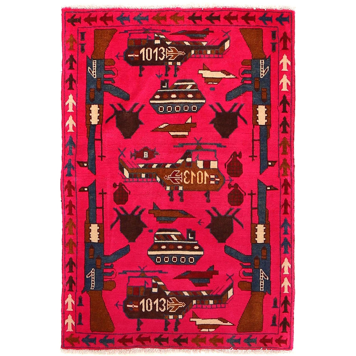 War Area Rug Handmade Pink Riffle + Tank 2x4 ft