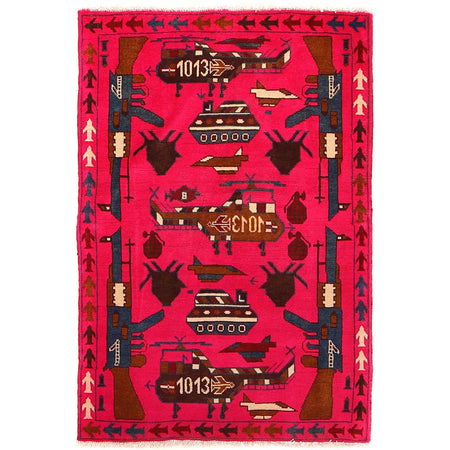 War Area Rug Handmade Pink Riffle + Tank 2x4 ft