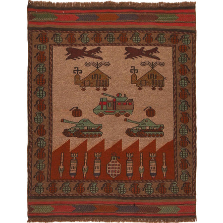 War Area Rug Handmade Multi Tank + Helicopter 2x4 ft