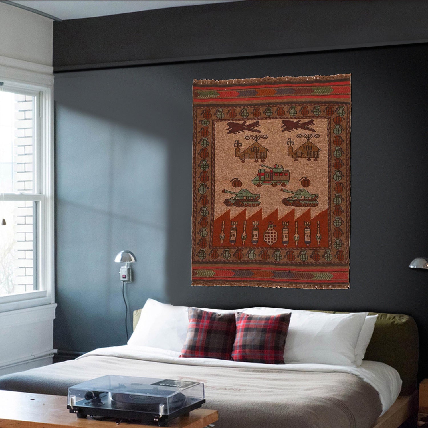 War Area Rug Handmade Multi Tank + Helicopter 2x4 ft