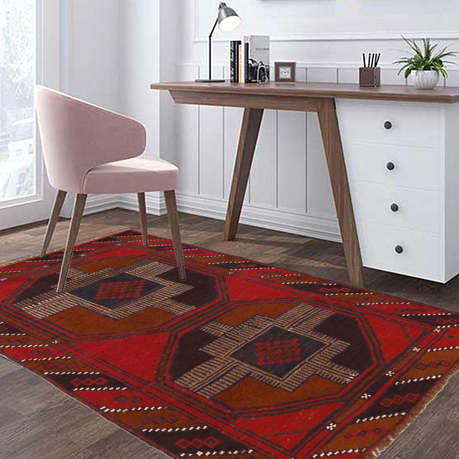 Baluchi Rug Handmade Red Geometric 3x5 ft