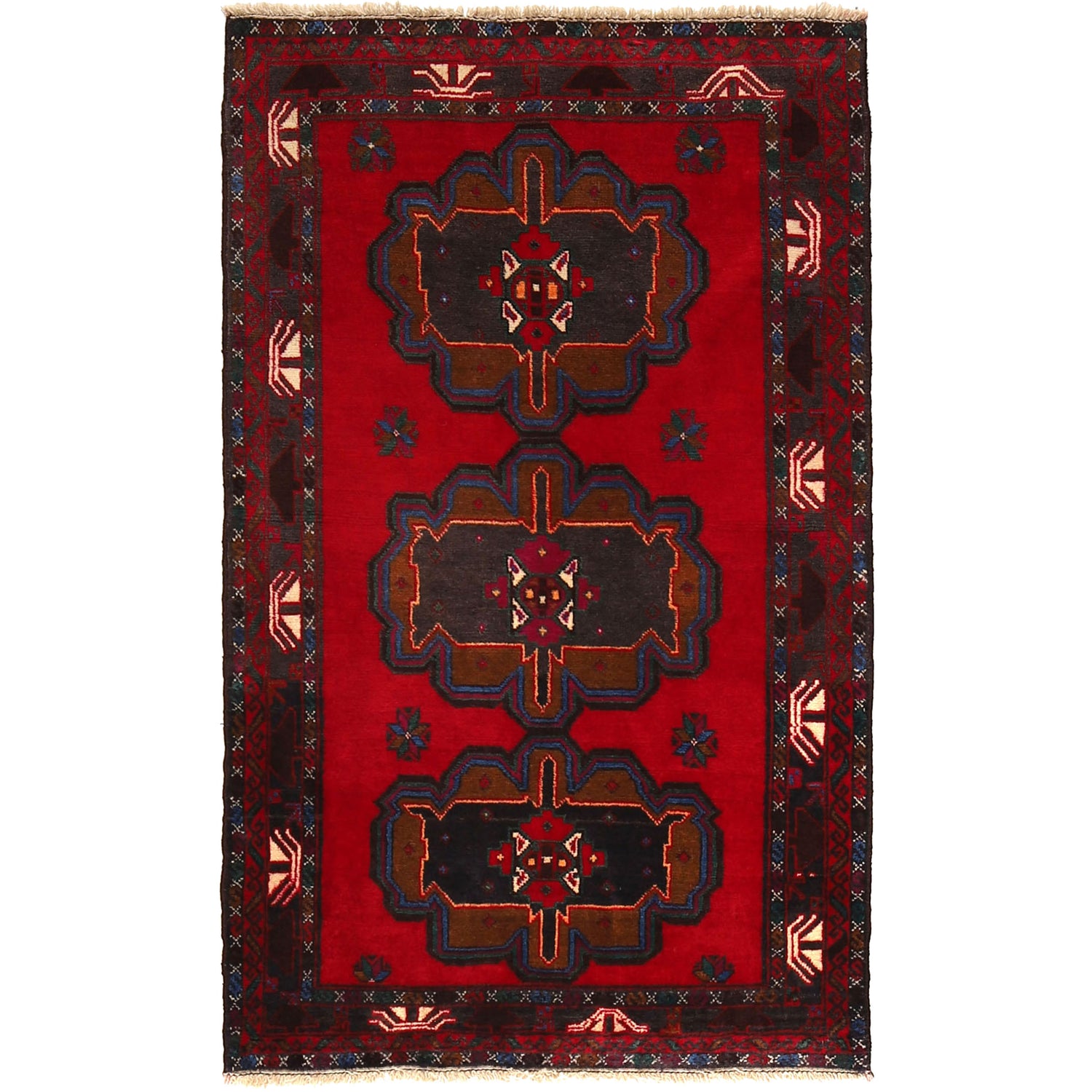 Baluchi Rug Handmade Red Geometric 3x5 ft