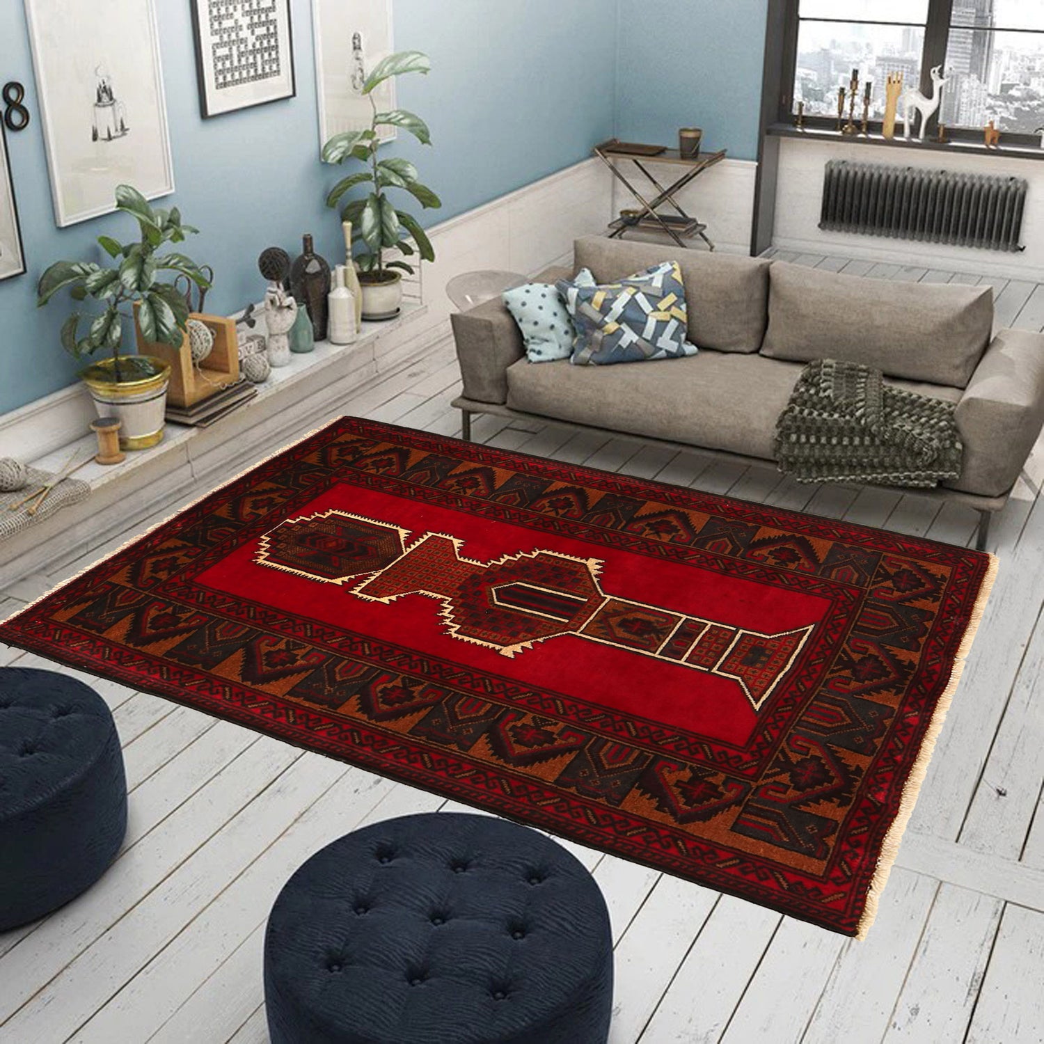 Baluchi Rug Handmade Red Geometric 3x5 ft