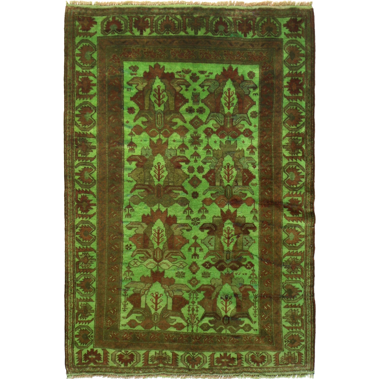 Overdyed Area Rug Handmade Green Geometric 4x6 ft