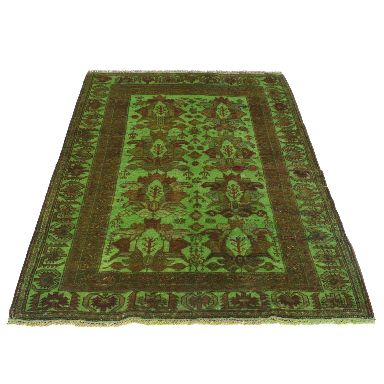 Overdyed Area Rug Handmade Green Geometric 4x6 ft