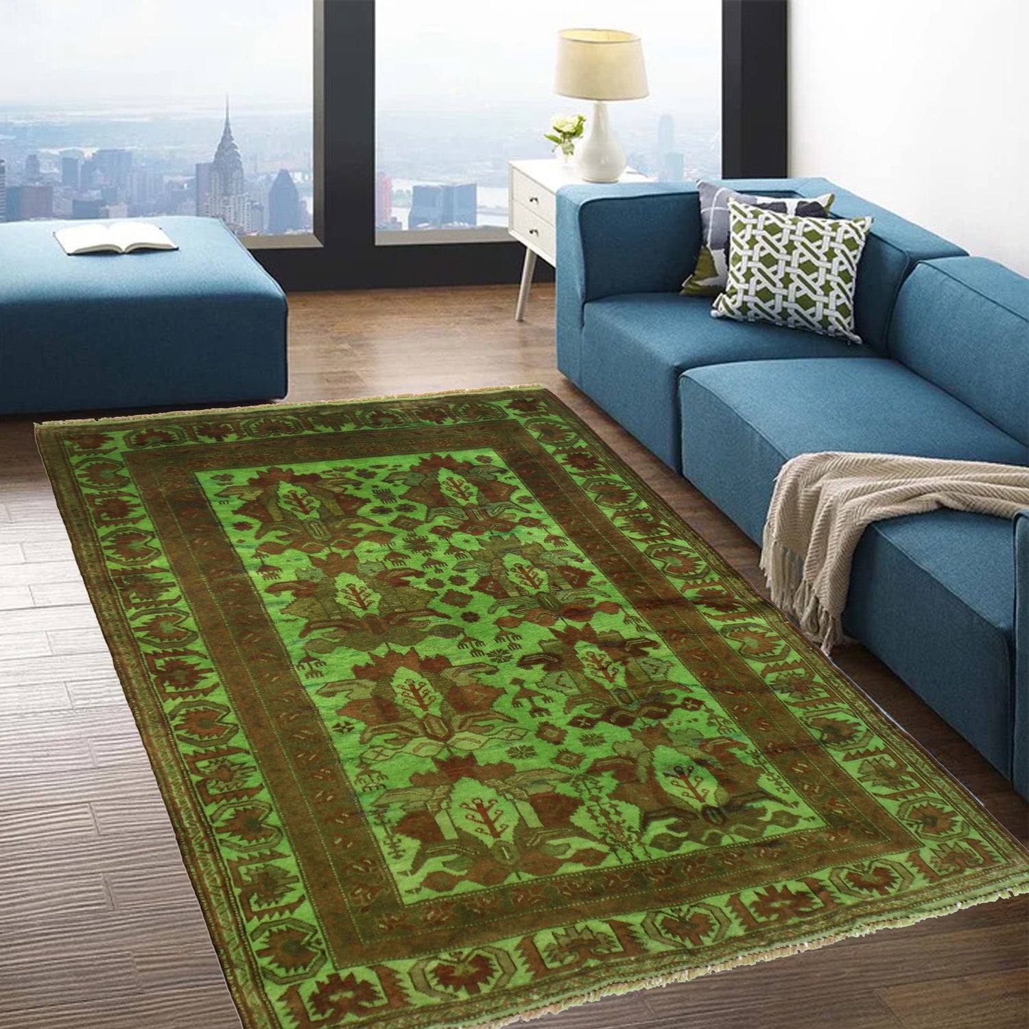 Overdyed Area Rug Handmade Green Geometric 4x6 ft