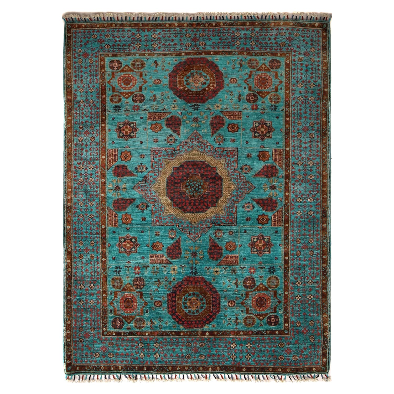 Mamluk Area Rug Handmade Green Medallion 4x6 ft