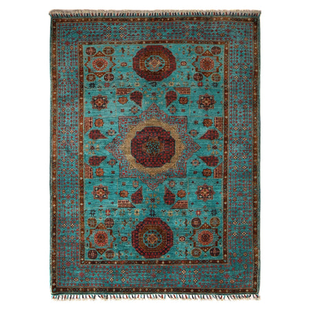 Mamluk Area Rug Handmade Green Medallion 4x6 ft