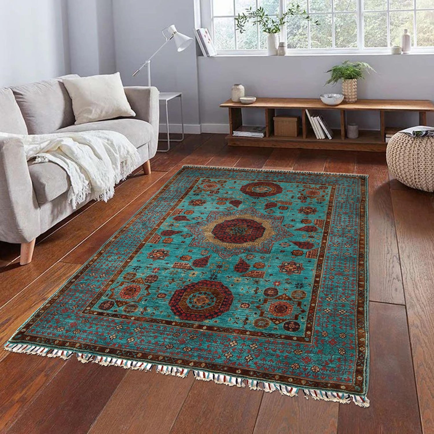 Mamluk Area Rug Handmade Green Medallion 4x6 ft