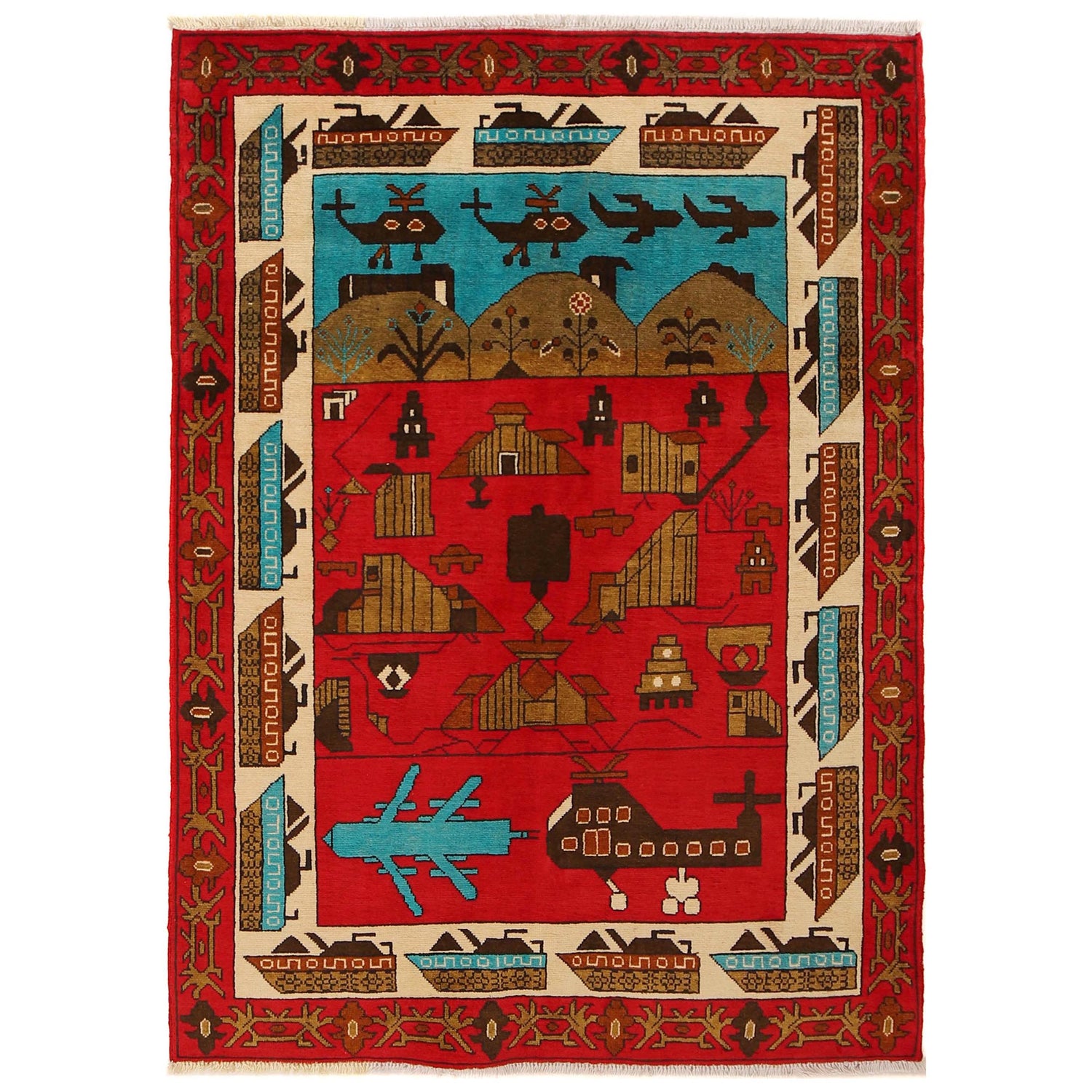 War Area Rug Handmade Red Tank + Helicopter 4x6 ft