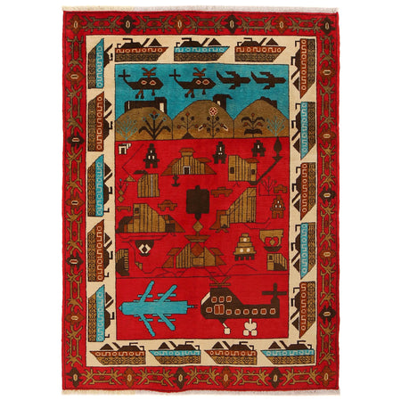 War Area Rug Handmade Red Tank + Helicopter 4x6 ft