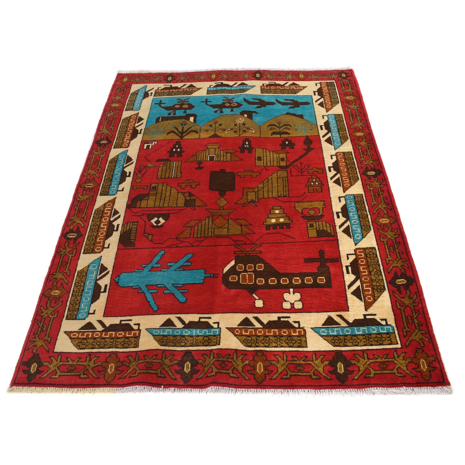 War Area Rug Handmade Red Tank + Helicopter 4x6 ft