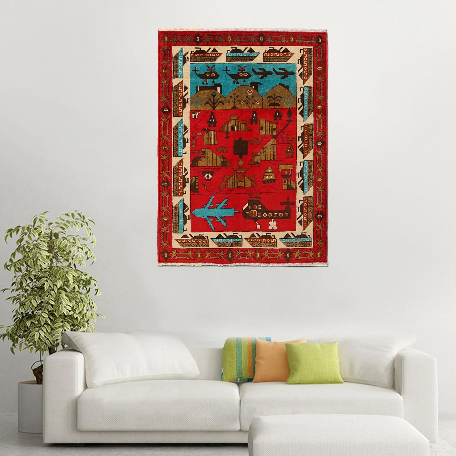 War Area Rug Handmade Red Tank + Helicopter 4x6 ft
