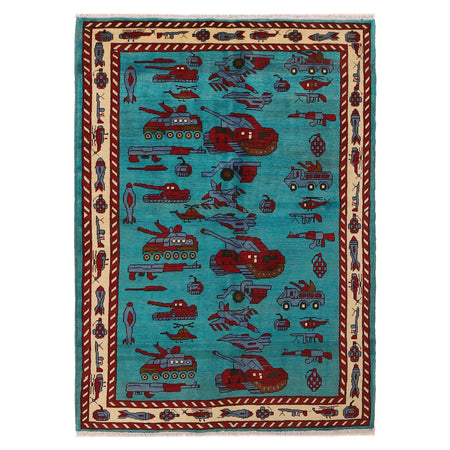 War Area Rug Handmade Blue Tank + Helicopter + Riffle 4x6 ft