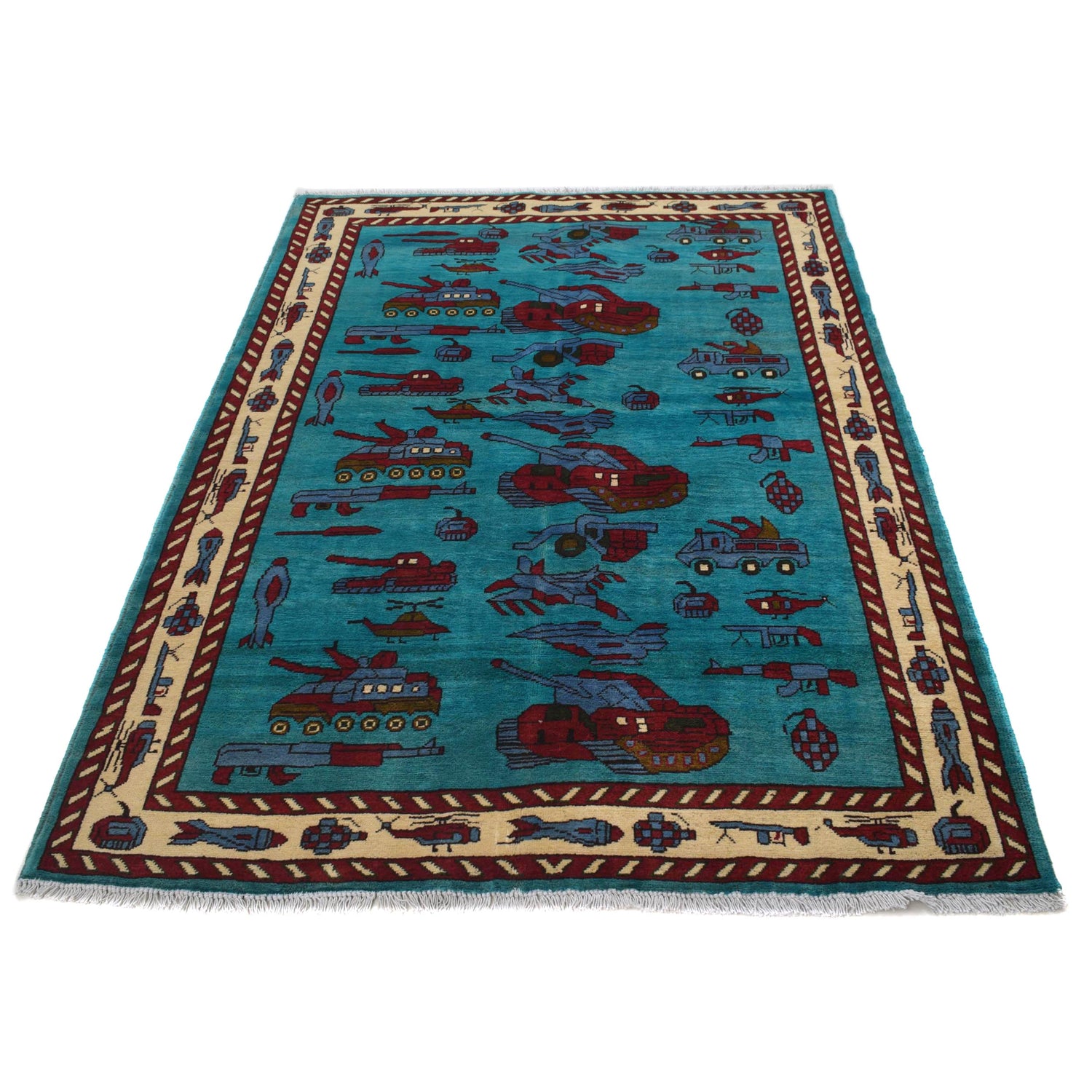 War Area Rug Handmade Blue Tank + Helicopter + Riffle 4x6 ft