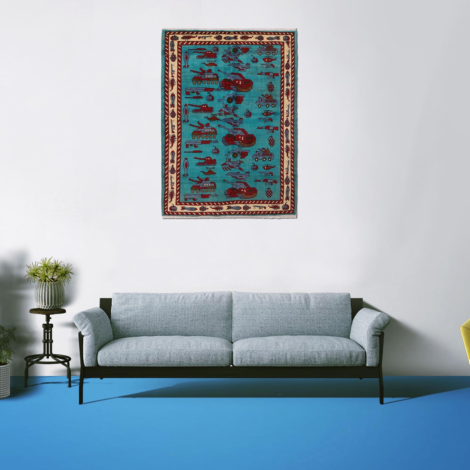 War Area Rug Handmade Blue Tank + Helicopter + Riffle 4x6 ft