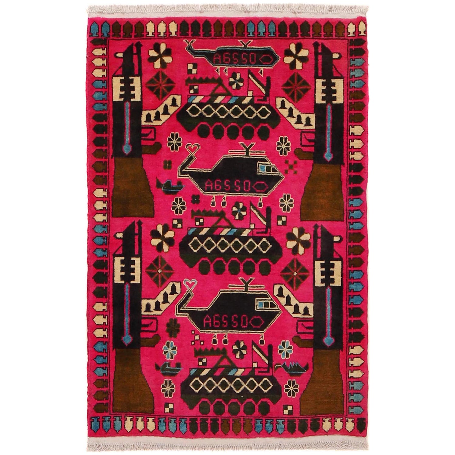 War Area Rug Handmade Pink Tank + Helicopter + Riffle 2x4 ft