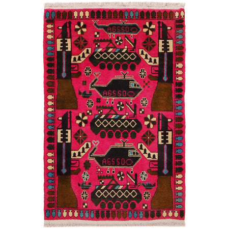 War Area Rug Handmade Pink Tank + Helicopter + Riffle 2x4 ft