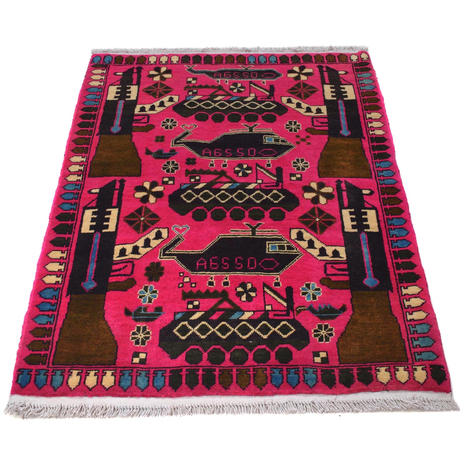 War Area Rug Handmade Pink Tank + Helicopter + Riffle 2x4 ft