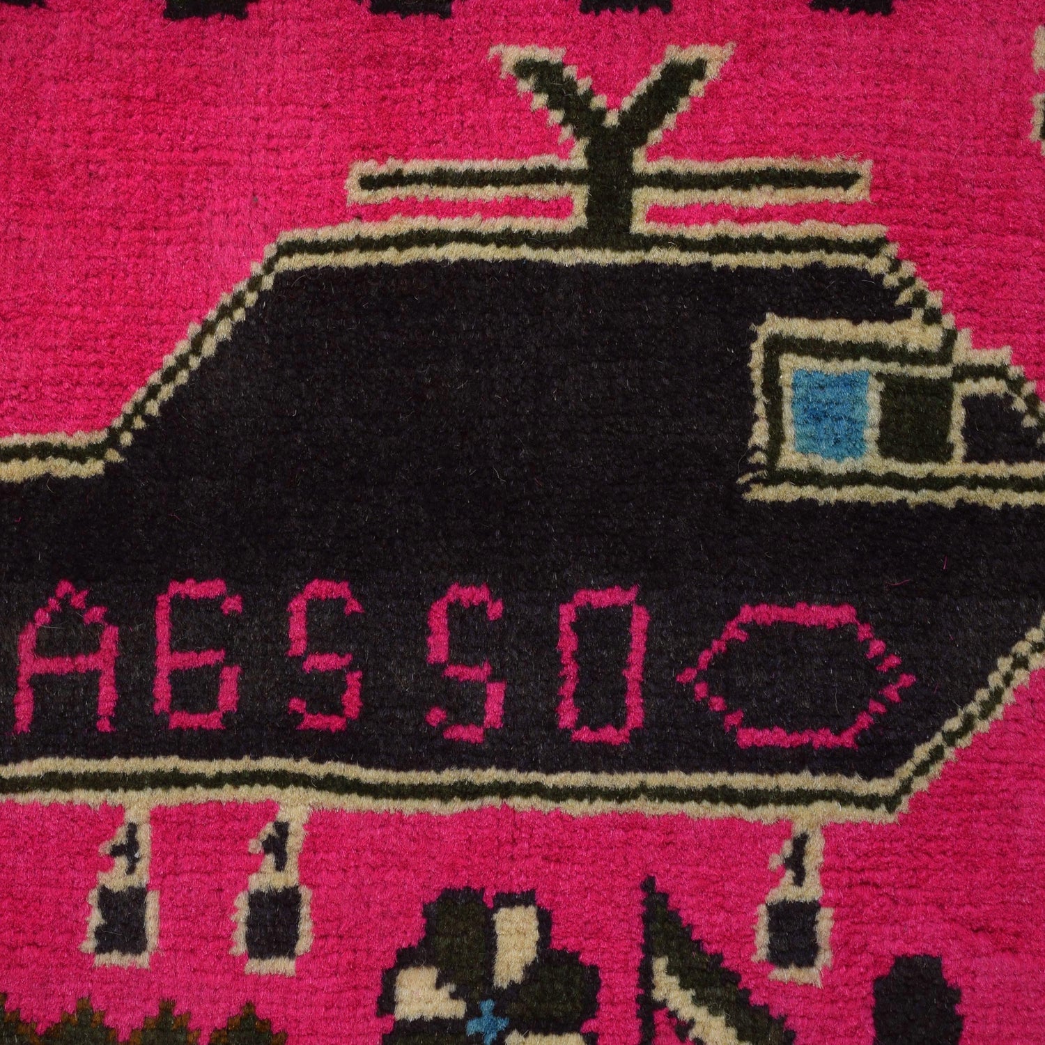 War Area Rug Handmade Pink Tank + Helicopter + Riffle 2x4 ft