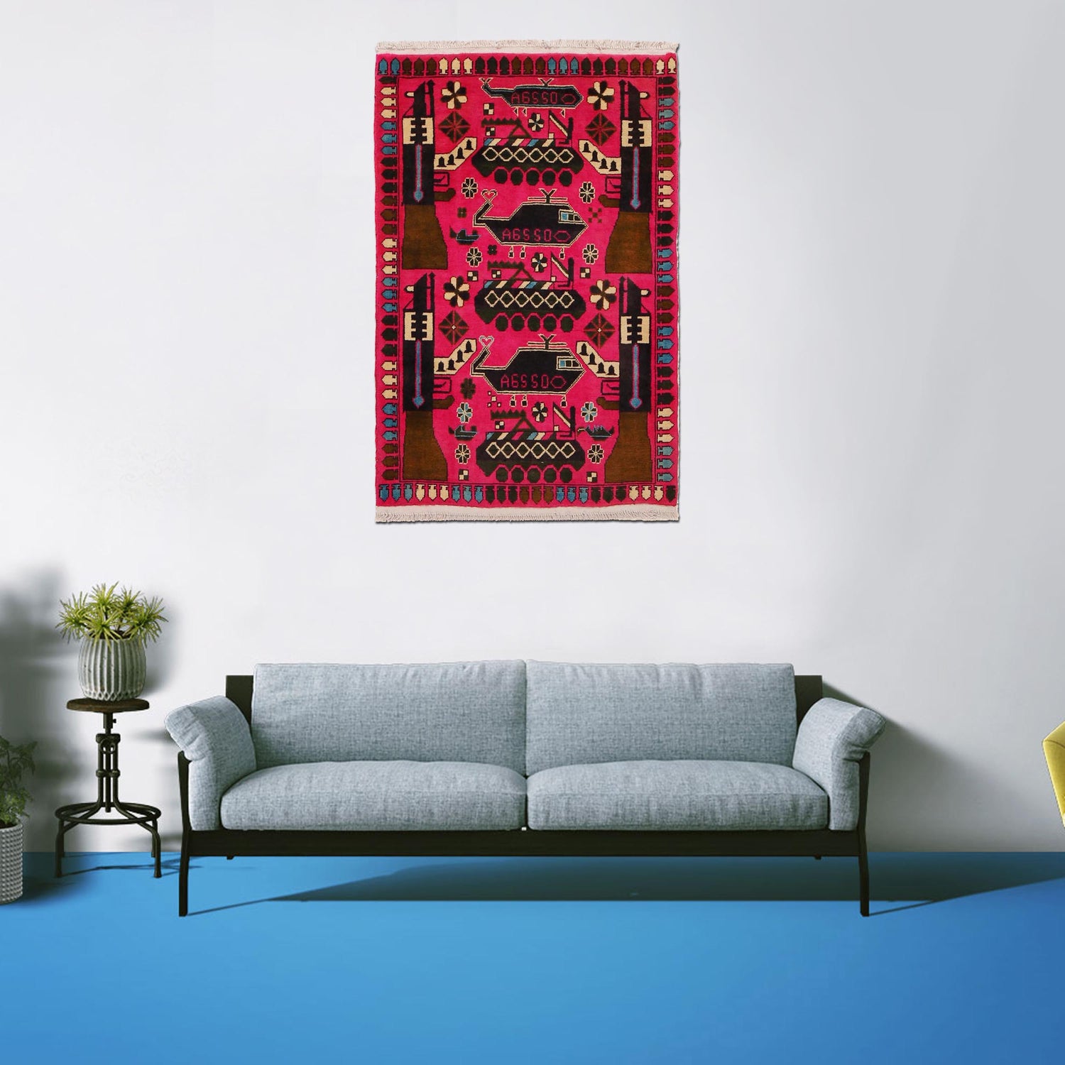 War Area Rug Handmade Pink Tank + Helicopter + Riffle 2x4 ft