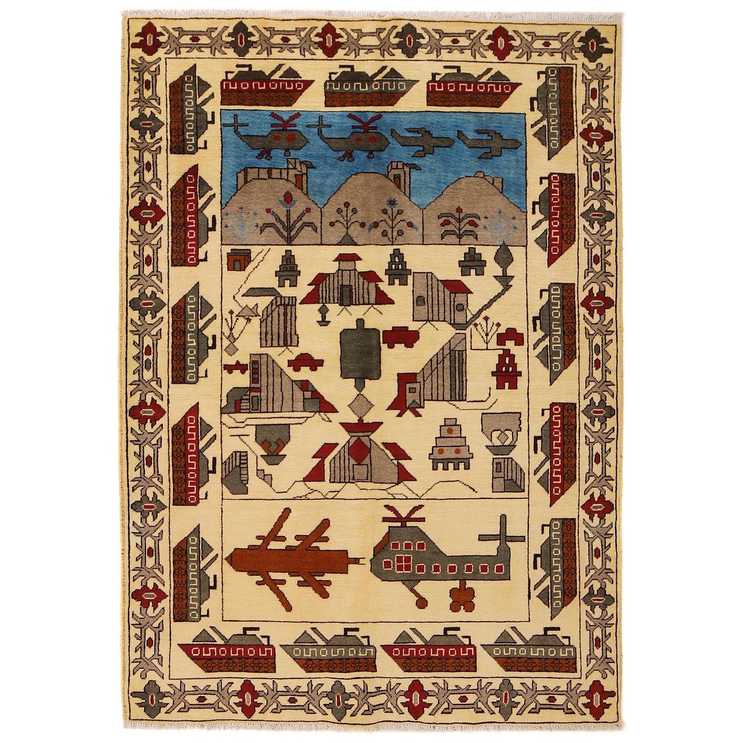 War Area Rug Handmade Beige Tank + Helicopter 4x6 ft