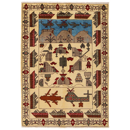 War Area Rug Handmade Beige Tank + Helicopter 4x6 ft