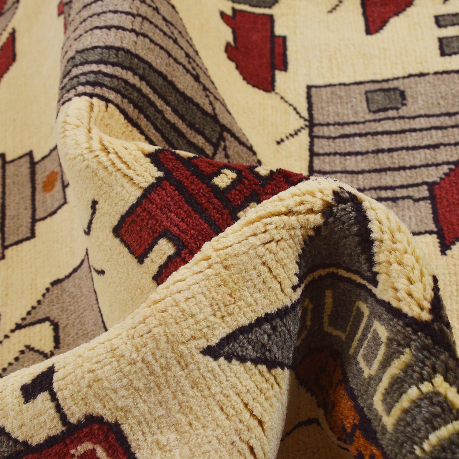 War Area Rug Handmade Beige Tank + Helicopter 4x6 ft