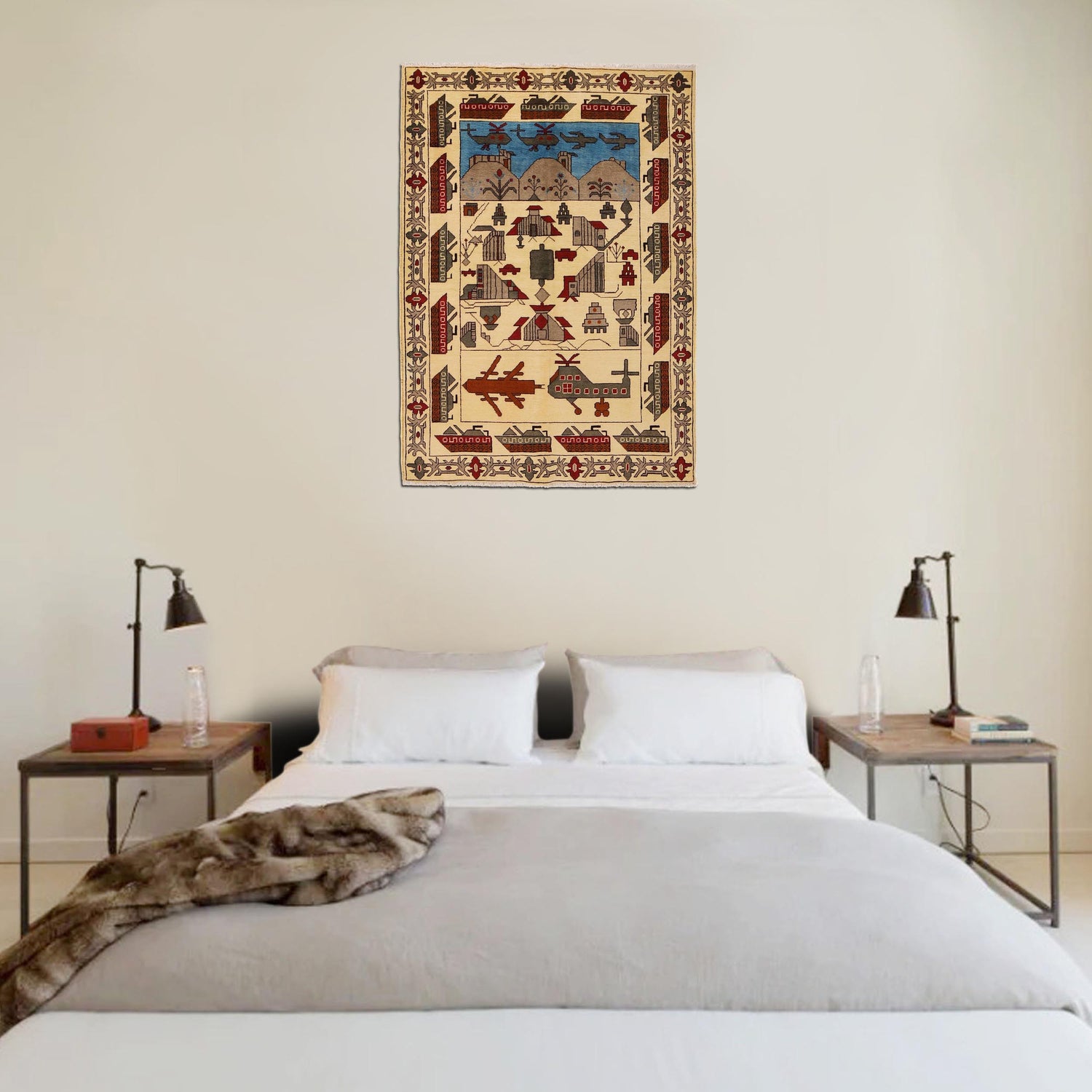 War Area Rug Handmade Beige Tank + Helicopter 4x6 ft