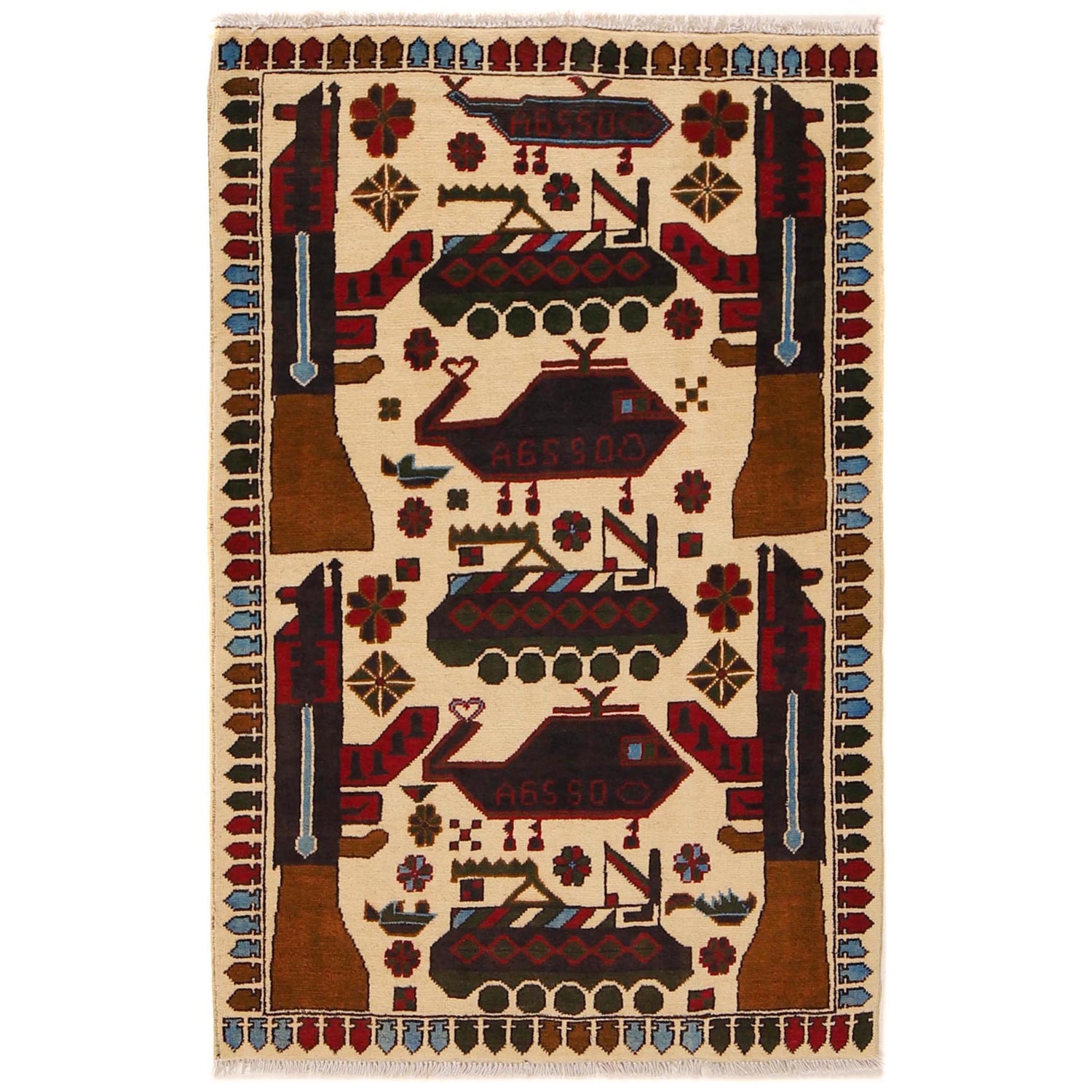 War Area Rug Handmade Beige Tank + Helicopter + Riffle 2x4
