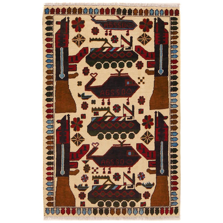 War Area Rug Handmade Beige Tank + Helicopter + Riffle 2x4