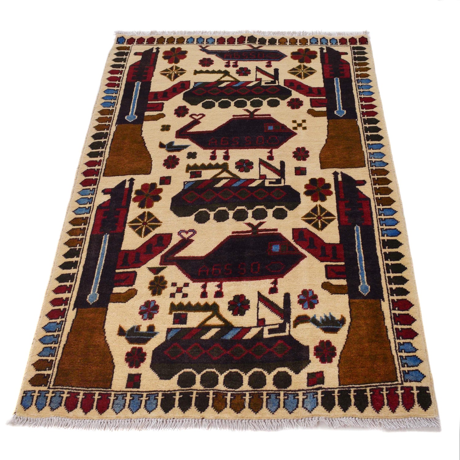 War Area Rug Handmade Beige Tank + Helicopter + Riffle 2x4